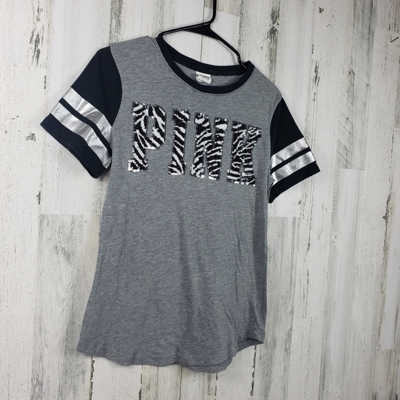 Pink Victoria's secret VS black, gray, white sequin tshirt women's size XS - Picture 3 of 8